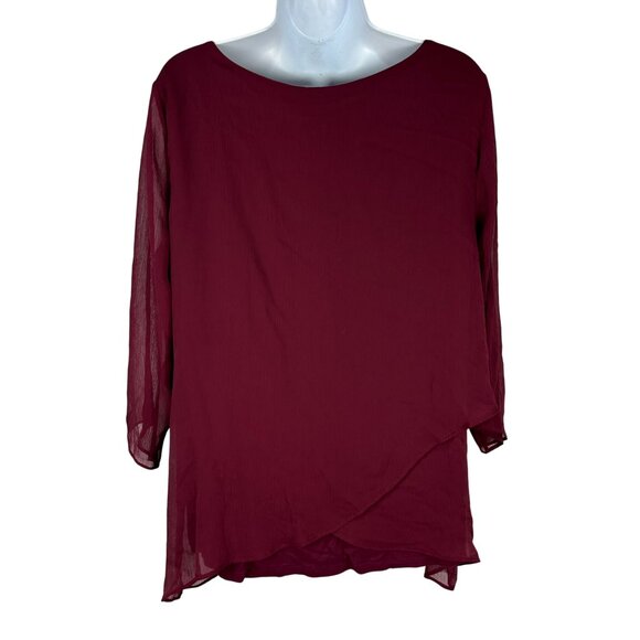 Dana Buchman Womens Size Large Blouse Burgundy Layered Sheer 3/4 Sleeve Top - Picture 2 of 9
